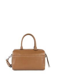 Bruine leren handtas met twee bovenhandvaten en een afneembare schouderband. Heeft witte stiksels en een zijtasje detail.