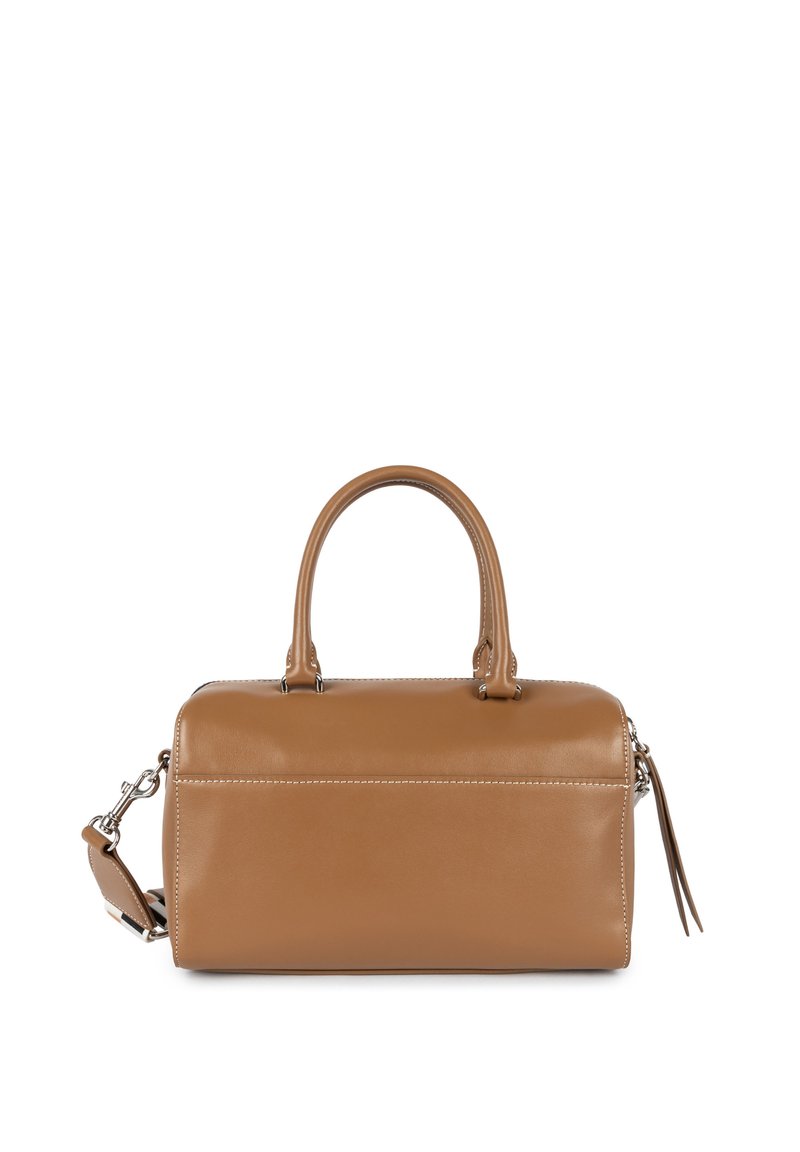 Bruine leren handtas met twee bovenhandvaten en een afneembare schouderband. Heeft witte stiksels en een zijtasje detail.