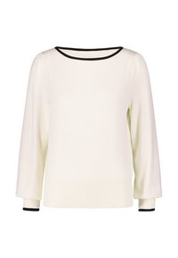 Sweter w kolorze kremowym, dziany, z szerokim dekoltem, bufkami na rękawach oraz czarnym wykończeniem przy dekolcie i mankietach. Klasyczny, pudełkowy fason.