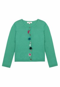 Zelený pletený cardigan s kulatým výstřihem, zdobený dekorativními nášivkami ve tvaru ovoce a bambulkami podél légy s knoflíky.