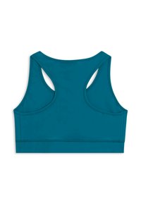 Sujetador deportivo de color verde azulado con un escote en la espalda, que presenta tirantes anchos y lados con corte. Fabricado con una tela elástica, ofrece una textura suave.