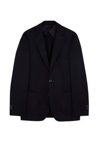 Blazer oscuro de color marino con solapa muesca, dos bolsillos frontales y cierre de un solo botón. Tejido suave con un sutil brillo y un corte entallado.