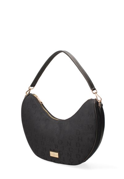 Borsa a spalla nera con forma curva, tessuto testurizzato e motivo logo discreto. Caratterizzata da una zip dorata e una tracolla in pelle sottile.