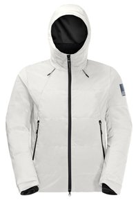 Veste d'hiver blanche à capuche avec doublure intérieure noire, fermeture éclair noire, poches zippées et cordons de serrage ajustables pour la capuche.