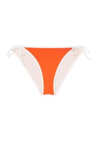 Bikini-bottom för kvinnor med en orange framsidan, vita detaljer och sidband. Slät tyg med en kontrasterande färgdesign.
