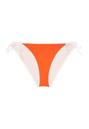 Bikini-bottom för kvinnor med en orange framsidan, vita detaljer och sidband. Slät tyg med en kontrasterande färgdesign.
