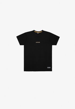 Black cotton t-shirt featuring a crew neck, short sleeves, and yellow accent at the collar. "JACKER" logo printed on front, branded tag at bottom.