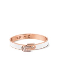 Roosa kuldne käevõru, millel on valge emailist riba, dekoratiivne lukk, millel on läikivad kivid, ning graveering "FURLA" siseküljel.
