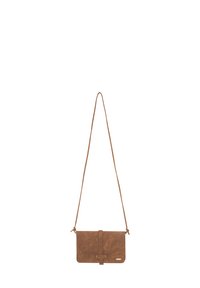 Braune Leder-Umhängetasche mit flacher Form, langem verstellbarem Tragegurt, minimalistischem Design und genähten Details entlang der Kanten.