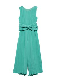Un jumpsuit senza maniche plissettato in teal con un fiocco in vita. Il design presenta un colletto rotondo e gambe larghe e corte per una silhouette fluida.