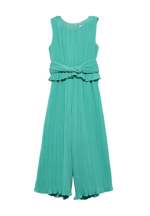 Un jumpsuit senza maniche plissettato in teal con un fiocco in vita. Il design presenta un colletto rotondo e gambe larghe e corte per una silhouette fluida.