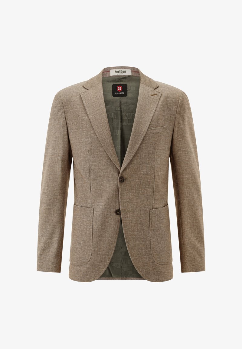 Beige men's blazer with notch lapels, two front patch pockets, two-button closure, and dark green inner lining with branding.