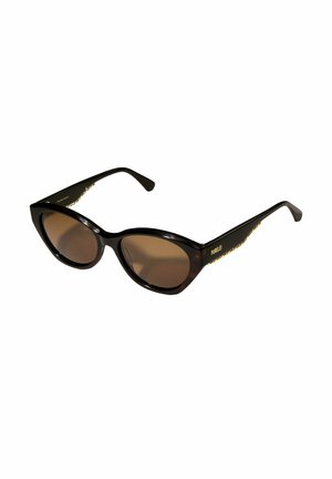 Lunettes de soleil noir en forme d'œil de chat avec verres marron. Quincaillerie en or texturée sur les branches. Monture en plastique lisse avec une finition brillante.