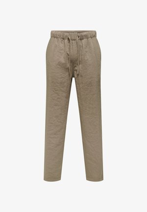 Pantalons en lin beige avec une taille élastique et un cordon de serrage. Design à jambe droite avec une texture froissée et sans poches.