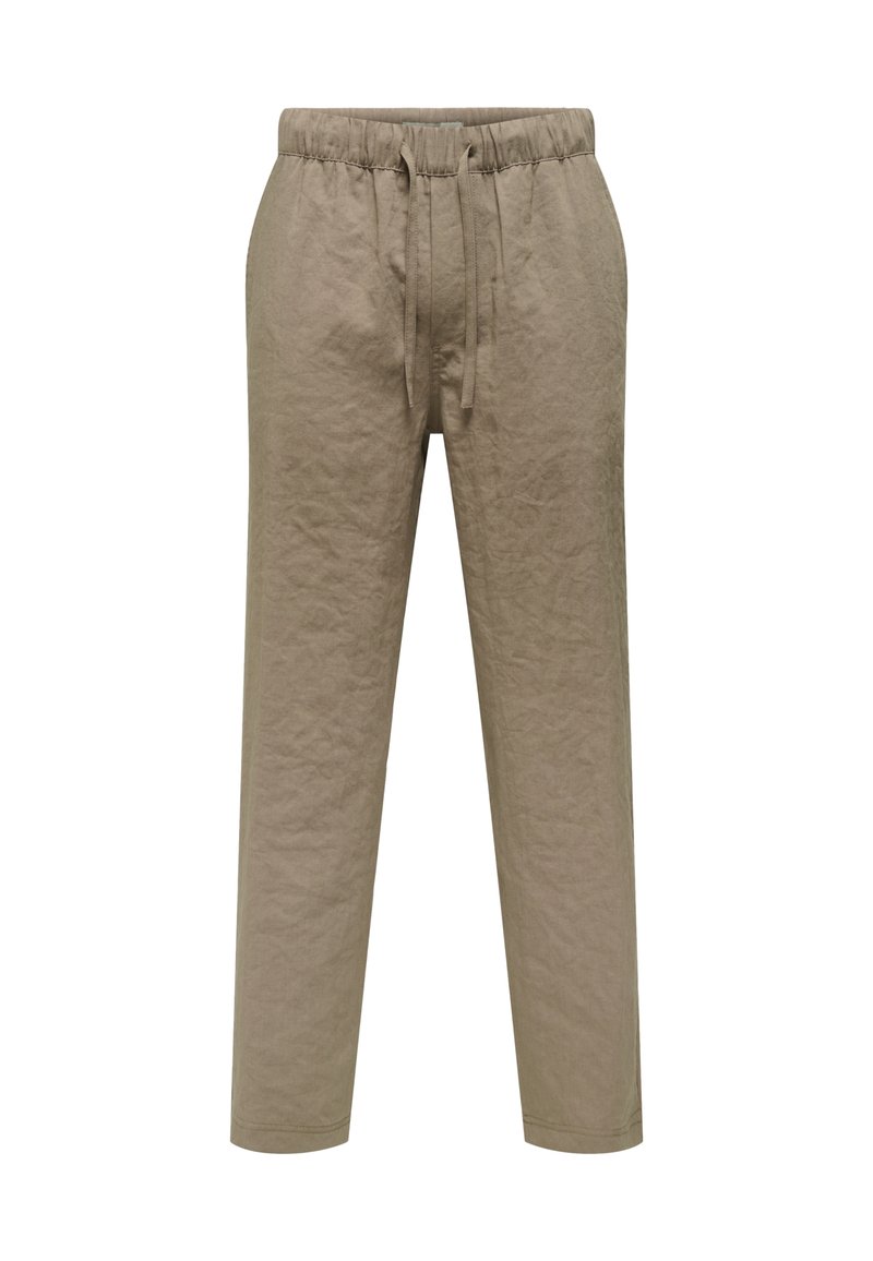Beige linnedragt med elastisk taljebånd og snor. Lige ben design med en crepet struktur og ingen lommer.
