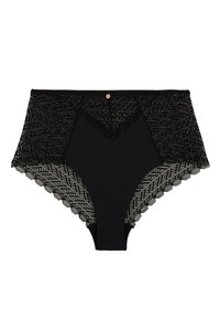 Culotte noire taille haute avec un revêtement en dentelle, présentant des bords festonnés et un petit bouton décoratif en or rose au centre devant.