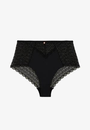Culotte noire taille haute avec un revêtement en dentelle, présentant des bords festonnés et un petit bouton décoratif en or rose au centre devant.