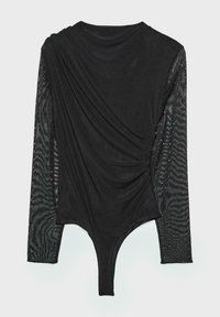 Schwarzer Body mit langen Netzärmeln, die ein wellenförmiges Muster und kleine silberne Akzente aufweisen. Glatter Stoff mit geraffter Textur an der Vorderseite.