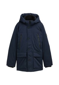 Marineblaue Parka mit Kapuze, ausgestattet mit einem Reißverschluss vorn, zwei oberen Reißverschlusstaschen und zwei großen unteren Klappentaschen, gefertigt aus glattem, wasserabweisendem Material.