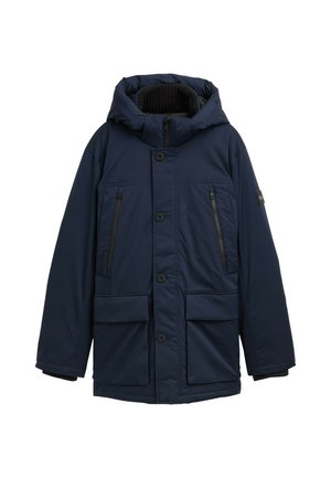 Marineblaue Parka mit Kapuze, ausgestattet mit einem Reißverschluss vorn, zwei oberen Reißverschlusstaschen und zwei großen unteren Klappentaschen, gefertigt aus glattem, wasserabweisendem Material.