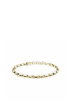 Braccialetto a catena tono oro con maglie allungate e chiusura con moschettone su sfondo bianco.