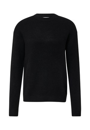 Maglione nero in lana con scollo rotondo, maniche lunghe e polsini e orlo a coste. Il tessuto sembra morbido con una texture liscia.