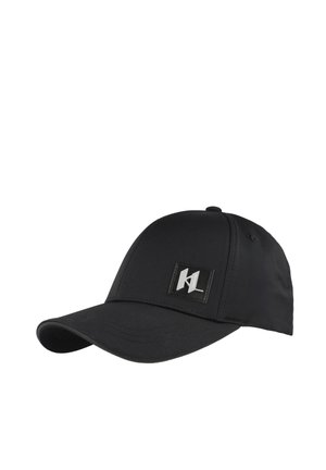 Black baseball cap with curved brim and a small square patch featuring stylized KL letters on the front panel.
