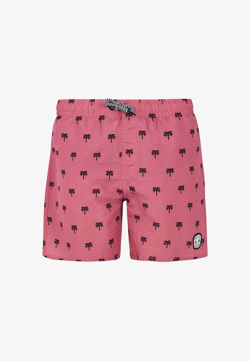 Rožiniai maudymosi šortai su tekstūruota medžiaga, papuošti juodų palmės medžių raštu, elastinga juostele ir reguliuojamu raišteliu. Logotipo aplikacija apačioje.