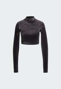Sort kortærmet turtleneck langærmet top lavet af blødt, fløjlsagtigt stof, med et diskret broderet logo på brystet.