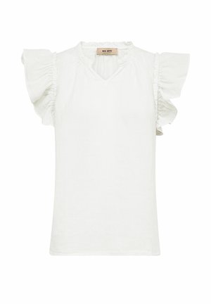 Blouse blanche à manches courtes avec des manches volantées et un petit détail volanté autour du col en V, étiquette Mos Mosh.