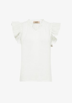 Valge lühikeste varrukatega pluus volangidega varrukatel ja väikese volangiga ümber V-kaelusega krae, millel on silt Mos Mosh.