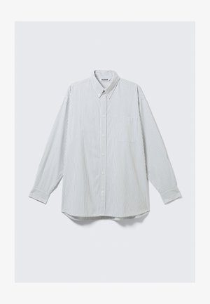 Long-sleeve white shirt with thin vertical gray stripes, buttoned front, single chest pocket, and pointed collar.