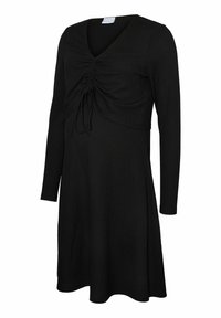 Robe noire à manches longues avec un décolleté en V et un détail de tissu froncé au niveau du buste. Matière douce et texturée ; silhouette évasée fluide.