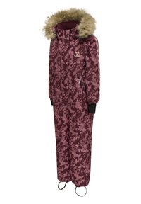 Burgundy patterned snowsuit featuring a faux fur-trimmed hood, zippered pockets, and black accents on cuffs and legs. Soft, insulated material.