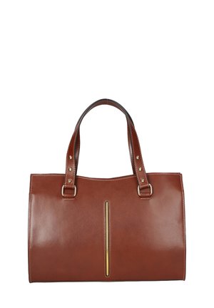 Borsa a mano in pelle marrone con due manici robusti, finitura liscia, dettagli in metallo dorato e una cerniera verticale centrale.