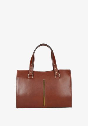 Borsa a mano in pelle marrone con due manici robusti, finitura liscia, dettagli in metallo dorato e una cerniera verticale centrale.