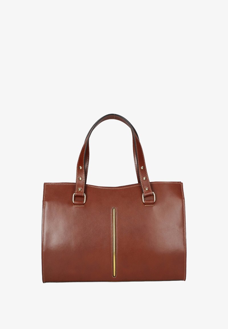 Braune Ledertasche mit zwei stabilen Griffen, einer glatten Oberfläche, goldfarbenen Metallakzenten und einem zentralen vertikalen Reißverschlussdetail.