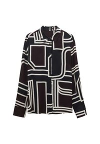 Long-sleeve shirt in dark fabric with a geometric white line pattern. Features a collar and button-down front. Lightweight with a smooth texture.