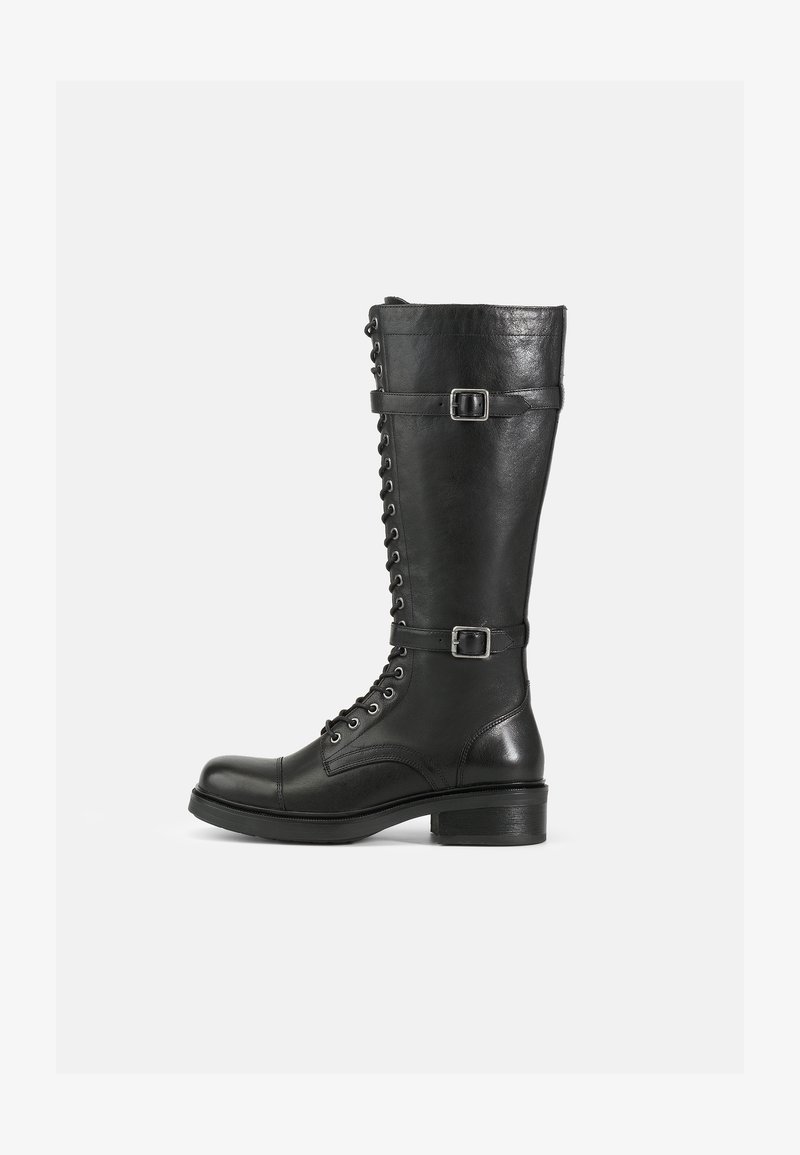 Tall black leather boots with lace-up front, side buckles, smooth texture, rounded toe, and sturdy low heel.