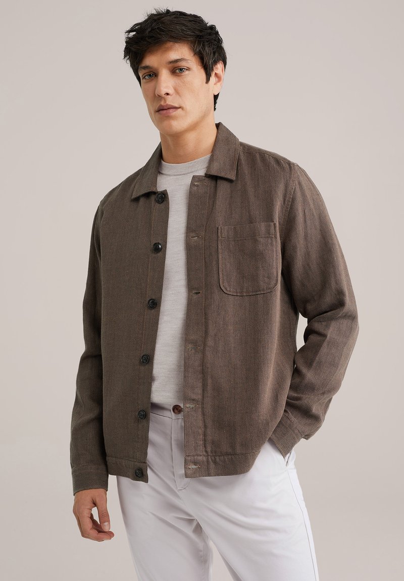 Brown textured button-up jacket with a shirt collar, single chest pocket, and buttons, paired with a light gray sweater and white pants.