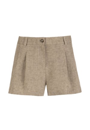 Pantaloni scurți bej din in, cu închidere frontală cu nasturi, bucle pentru curea și pliuri subtile, proiectați pentru un croi lejer.