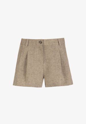 Pantaloni scurți bej din in, cu închidere frontală cu nasturi, bucle pentru curea și pliuri subtile, proiectați pentru un croi lejer.