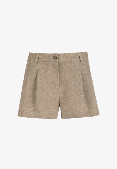 Shorts en lin beige avec fermeture à boutons à l'avant, passants pour ceinture et plis subtils, conçus pour une coupe décontractée.