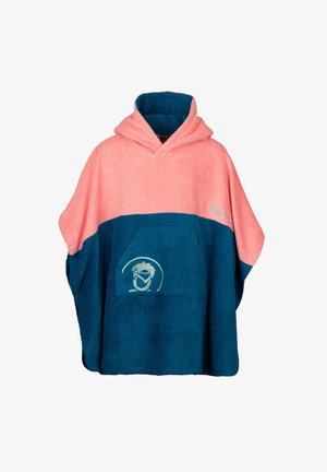 Rosa und blaue Kapuzen-Poncho aus weichem Frottee-Stoff. Verfügt über eine Fronttasche mit einem grafischen Design und gesticktem Markenlogo.