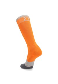 Calza sportiva al ginocchio di un vivace arancione con accenti grigi e grigi scuri, caratterizzata da un bordo a coste e una texture liscia e elastica per il massimo comfort.