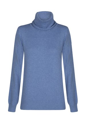 Pull bleu à col roulé avec des manches longues, des poignets et un ourlet côtelés. Fabriqué à partir d'un tissu tricoté doux et texturé pour le confort et la chaleur.