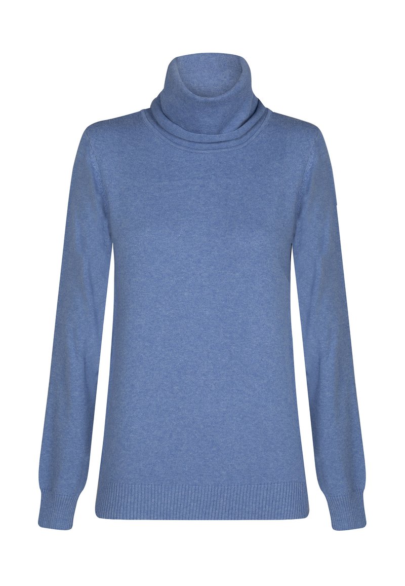 Blauer Rollkragenpullover mit langen Ärmeln, gerippten Bündchen und Saum. Hergestellt aus einem weichen, strukturierten Strickstoff für Komfort und Wärme.