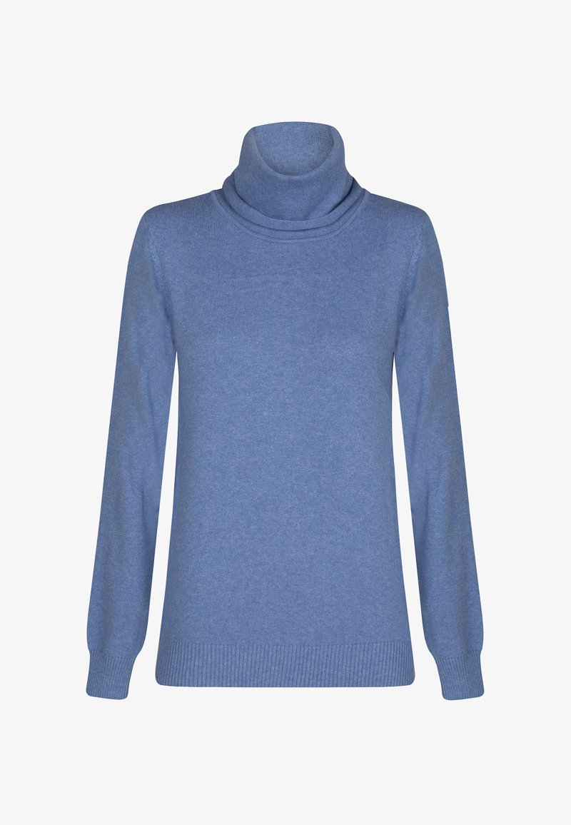 Niebieski sweter polo z długimi rękawami, prążkowanymi mankietami i dołem. Wykonany z miękkiej, teksturowanej dzianiny dla komfortu i ciepła.