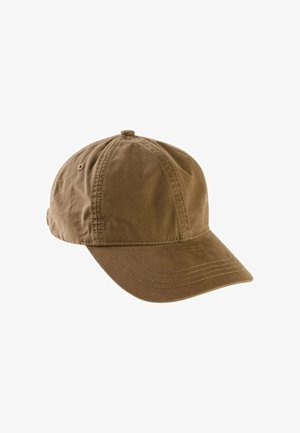Brown cotton baseball cap with curved brim and stitched panel design on a white background.