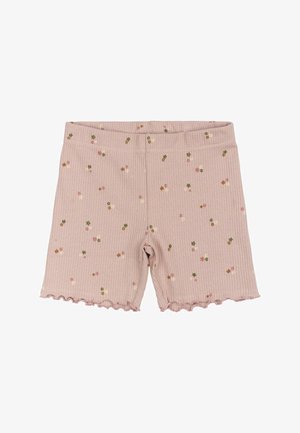 Svijetloružičaste rebraste kratke hlače s nazubljenim rubom, s raspršenim cvjetnim uzorcima u ružičastoj, zelenoj i smeđoj boji. Uključena elastična pojas.